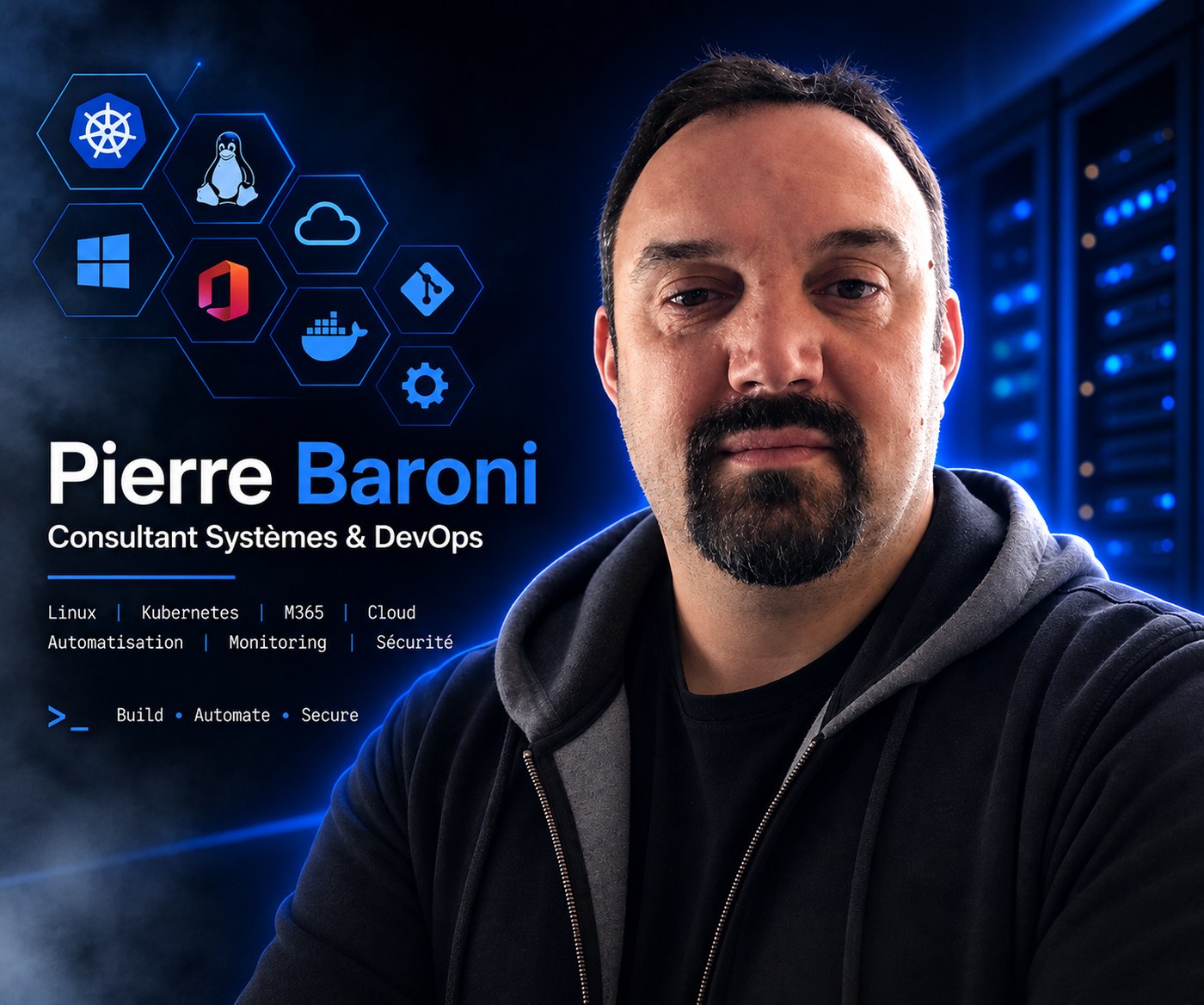 Pierre Baroni, consultant systèmes et DevOps — Linux, Kubernetes, Microsoft 365, cloud, automatisation, monitoring, sécurité